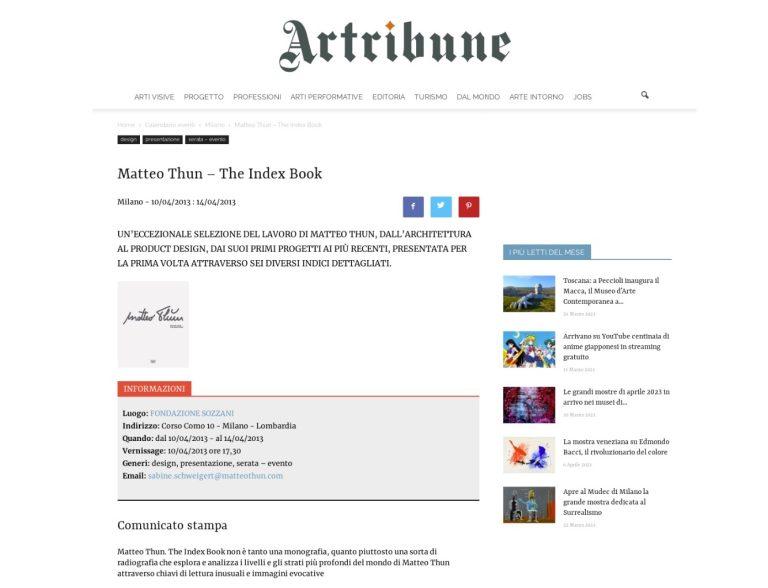 Artribune.com: article on Matteo Thun's The Index Book