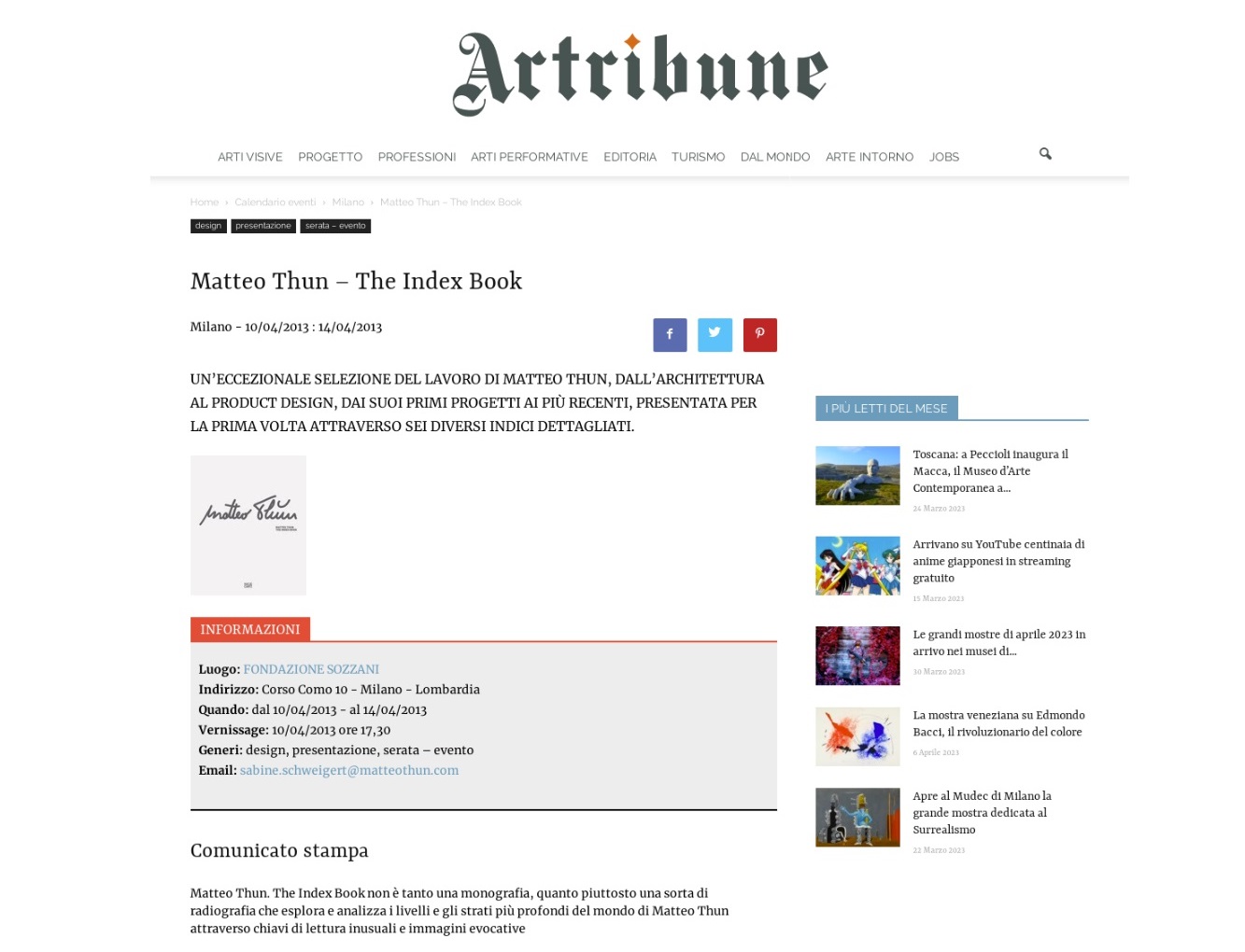 Artribune.com: article on Matteo Thun's The Index Book
