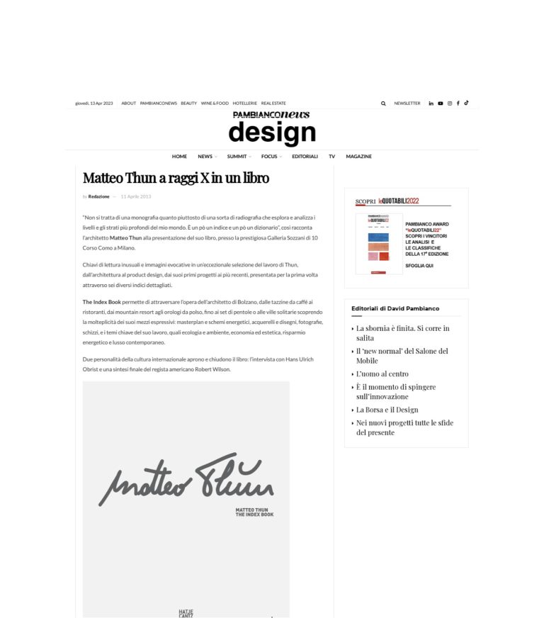 Pambianconews.com: article on Matteo Thun's monograph