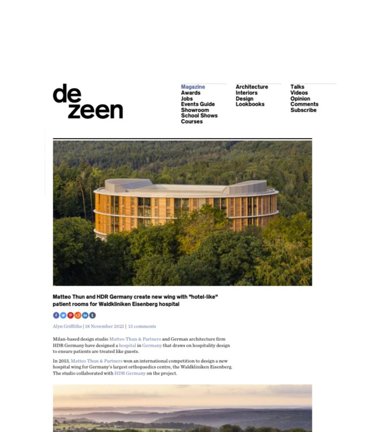 Dezeen: article on the Waldkliniken Eisenberg hospital wing by Matteo Thun and HDR