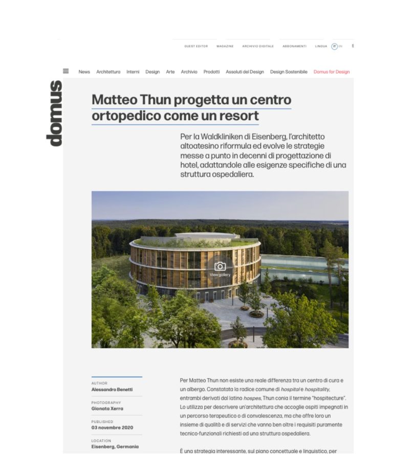 Domusweb.it: article on Matteo Thun's orthopaedic centre designed like a resort