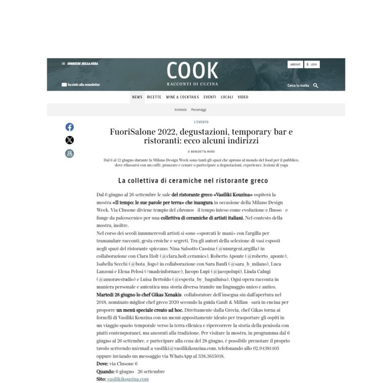 Ilcorriere.it Cook: article on Fuorisalone 2022 tastings, temporary bars and restaurants