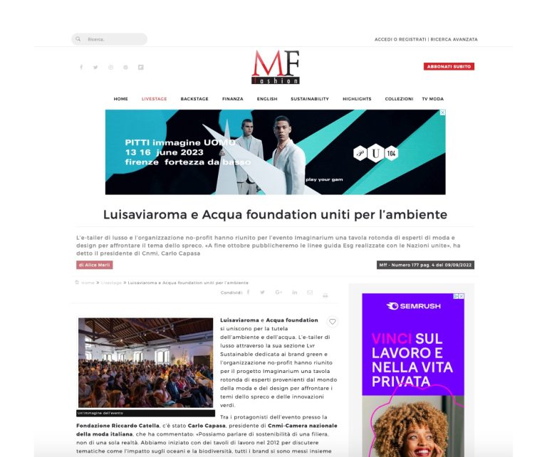 MF Fashion: article on Luisaviaroma and Acqua Foundation for the environment