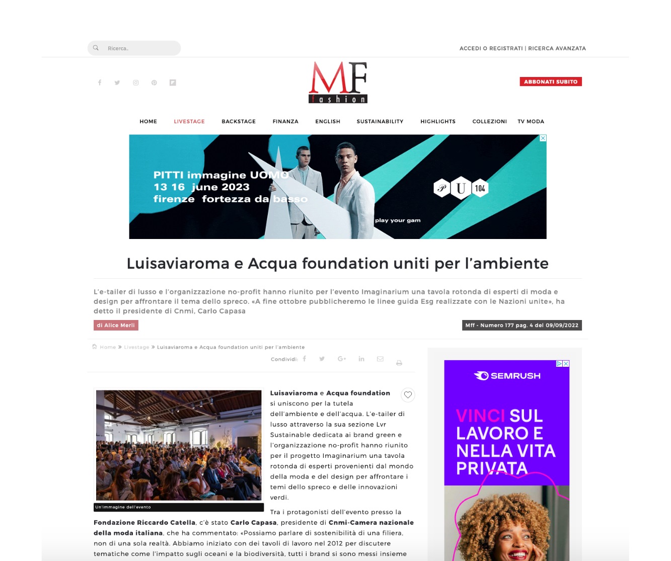 MF Fashion: article on Luisaviaroma and Acqua Foundation for the environment