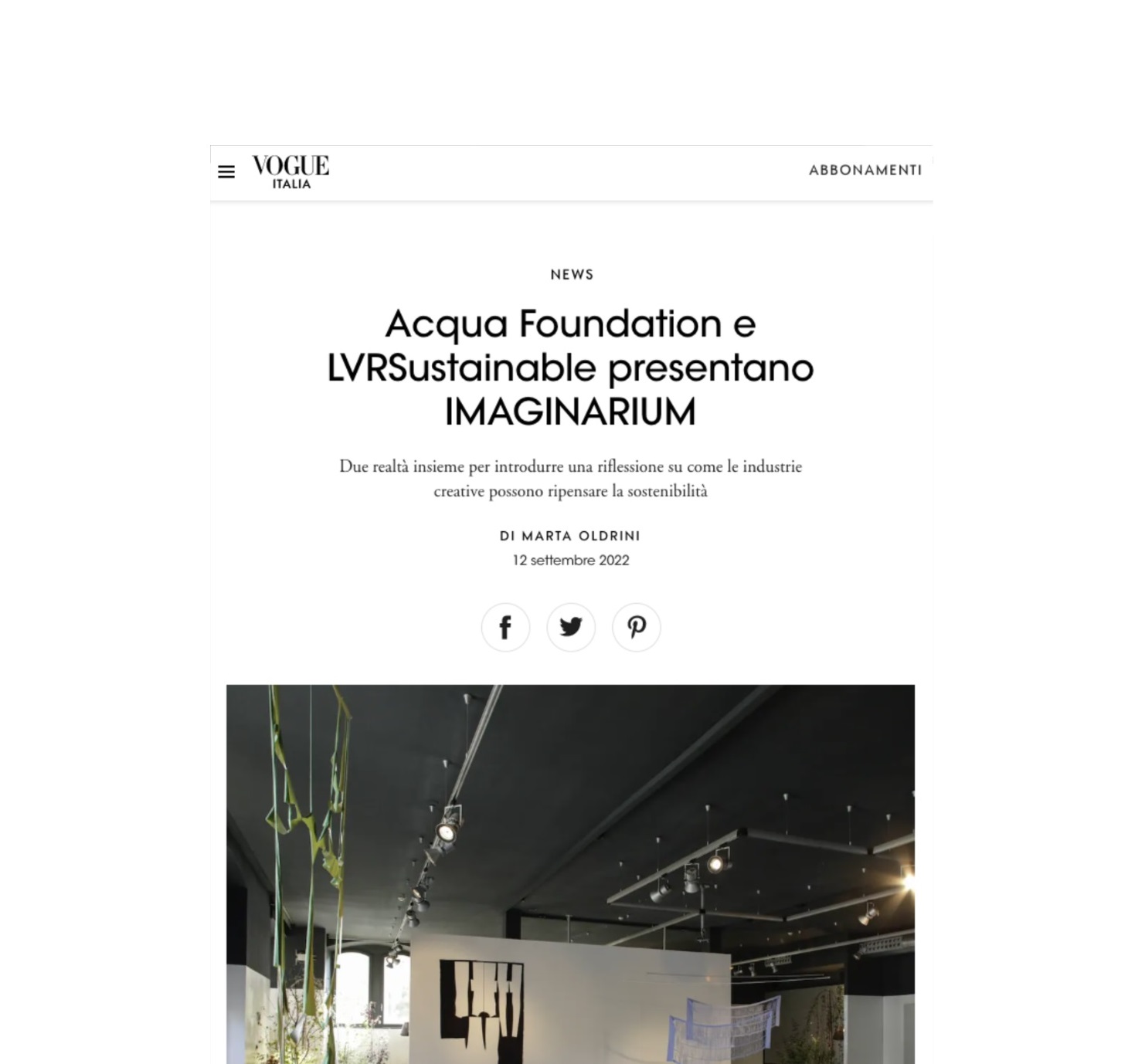 Vogue.it: news on Acqua Foundation and LVR Sustainable presenting Imaginarium