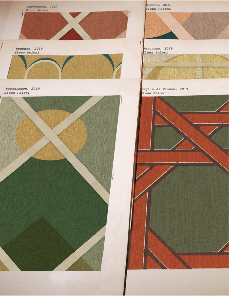 Wallpaper samples with geometric patterns in green, terracotta and ochre from the Baboon Down to Earth collection.
