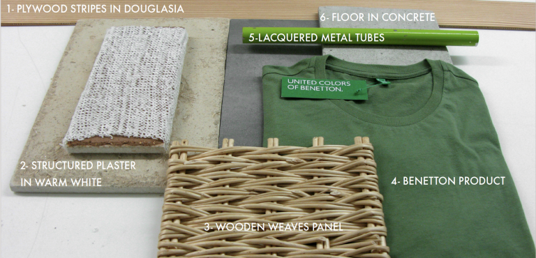 Material board for the Benetton retail system: plywood, lacquered metal tubes, concrete, recycled plastic and a green Benetton T-shirt.