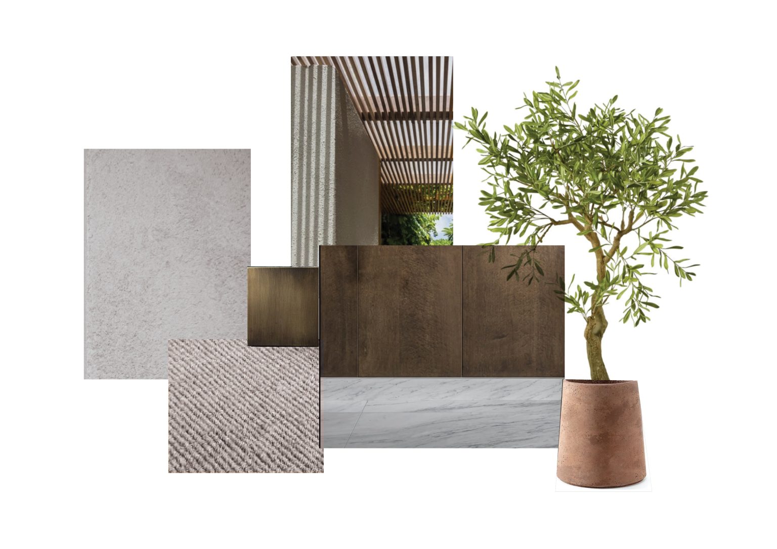 Casa Patio for Atmosphera Capital: material board with stone samples, dark wood and an olive tree