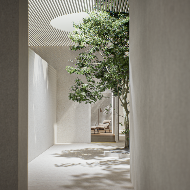 Casa Patio for Atmosphera Capital: render of a white courtyard passage with a tree