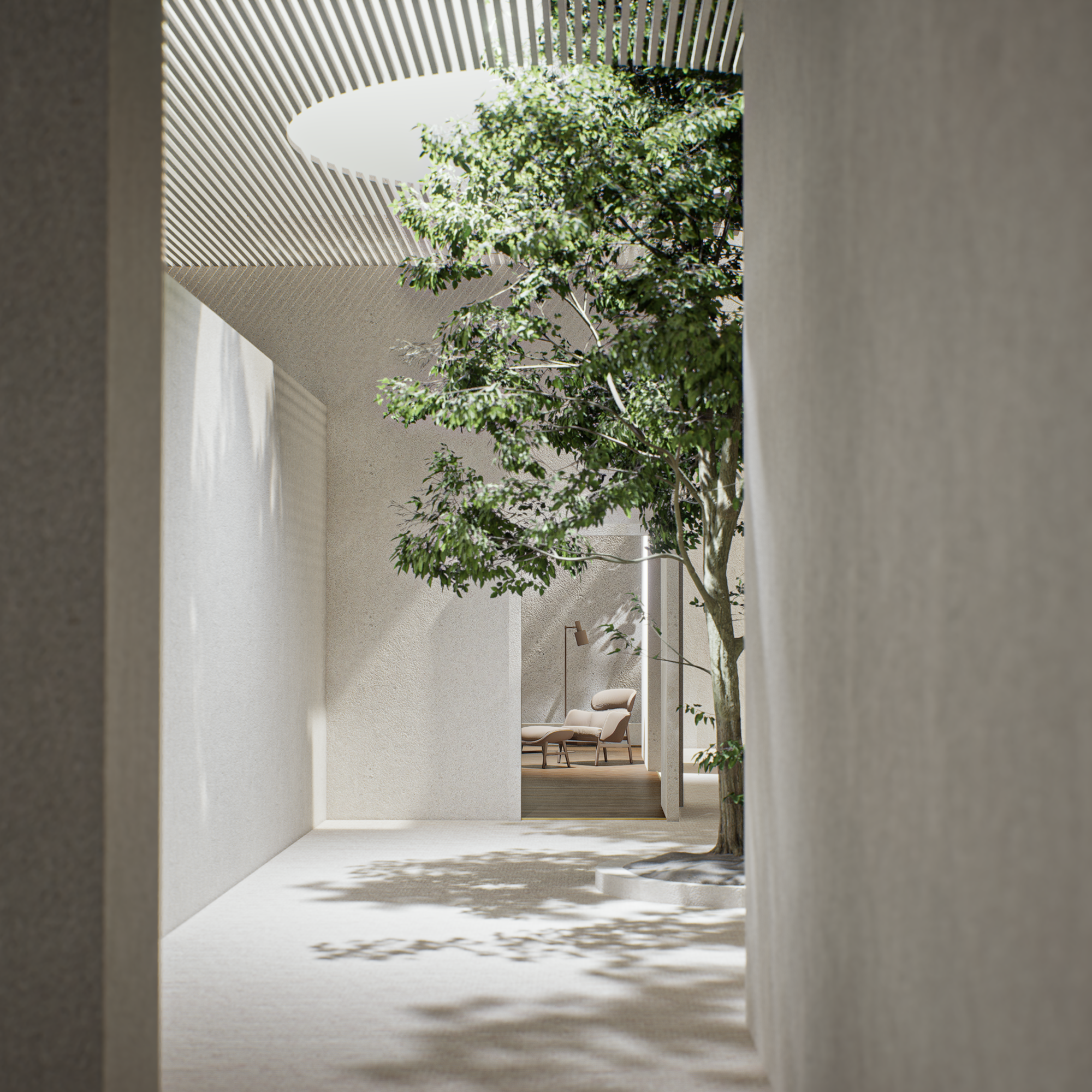 Casa Patio for Atmosphera Capital: render of a white courtyard passage with a tree