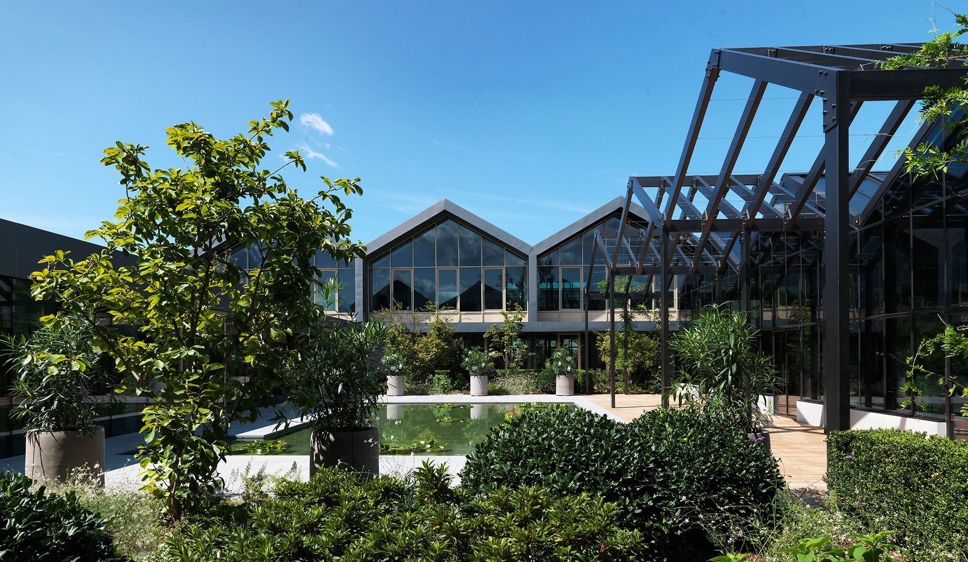 Concept for Davines Group Village: glasshouse buildings and gardens seen from the courtyard