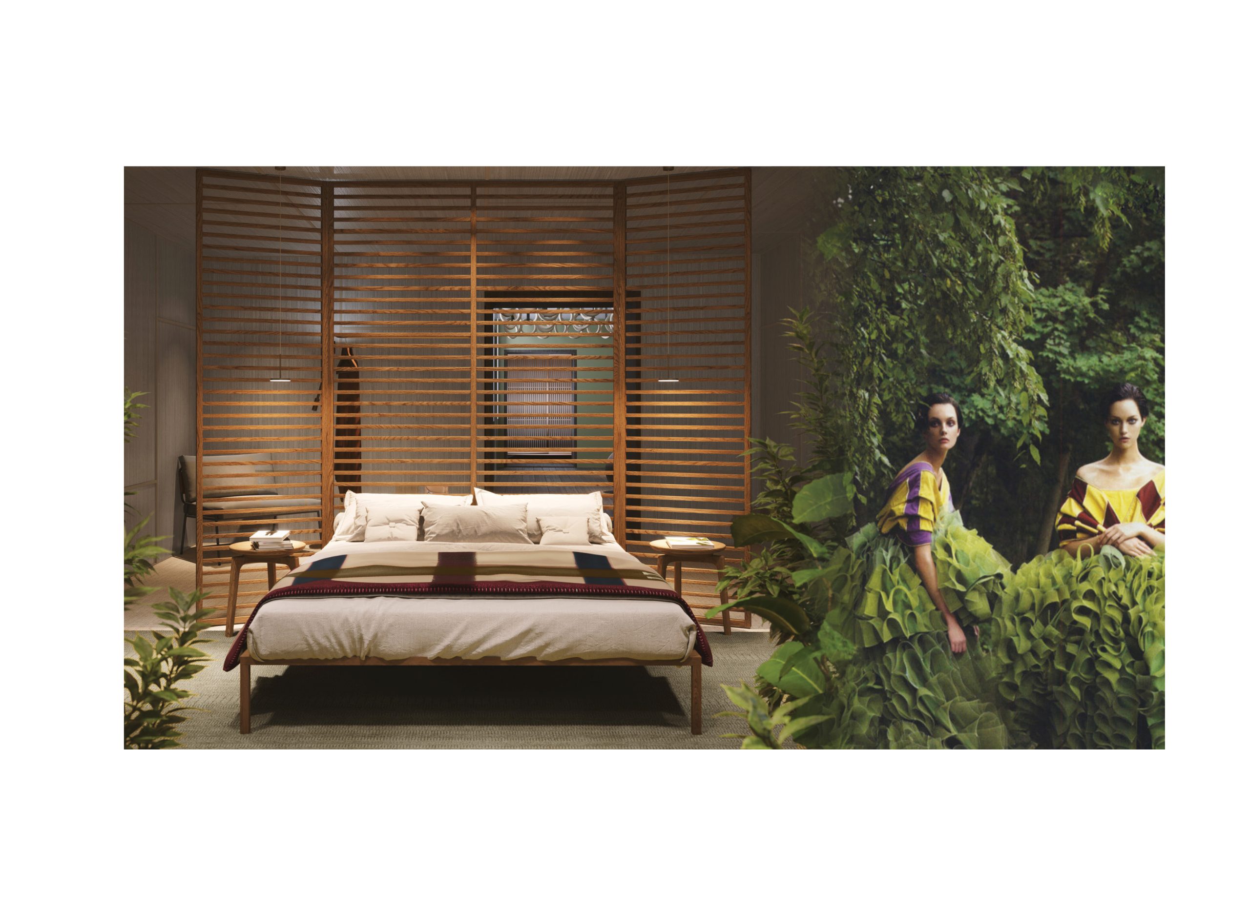 Elle Decor Grand Hotel Design Therapy: bedroom with wooden screens and figures dressed in foliage