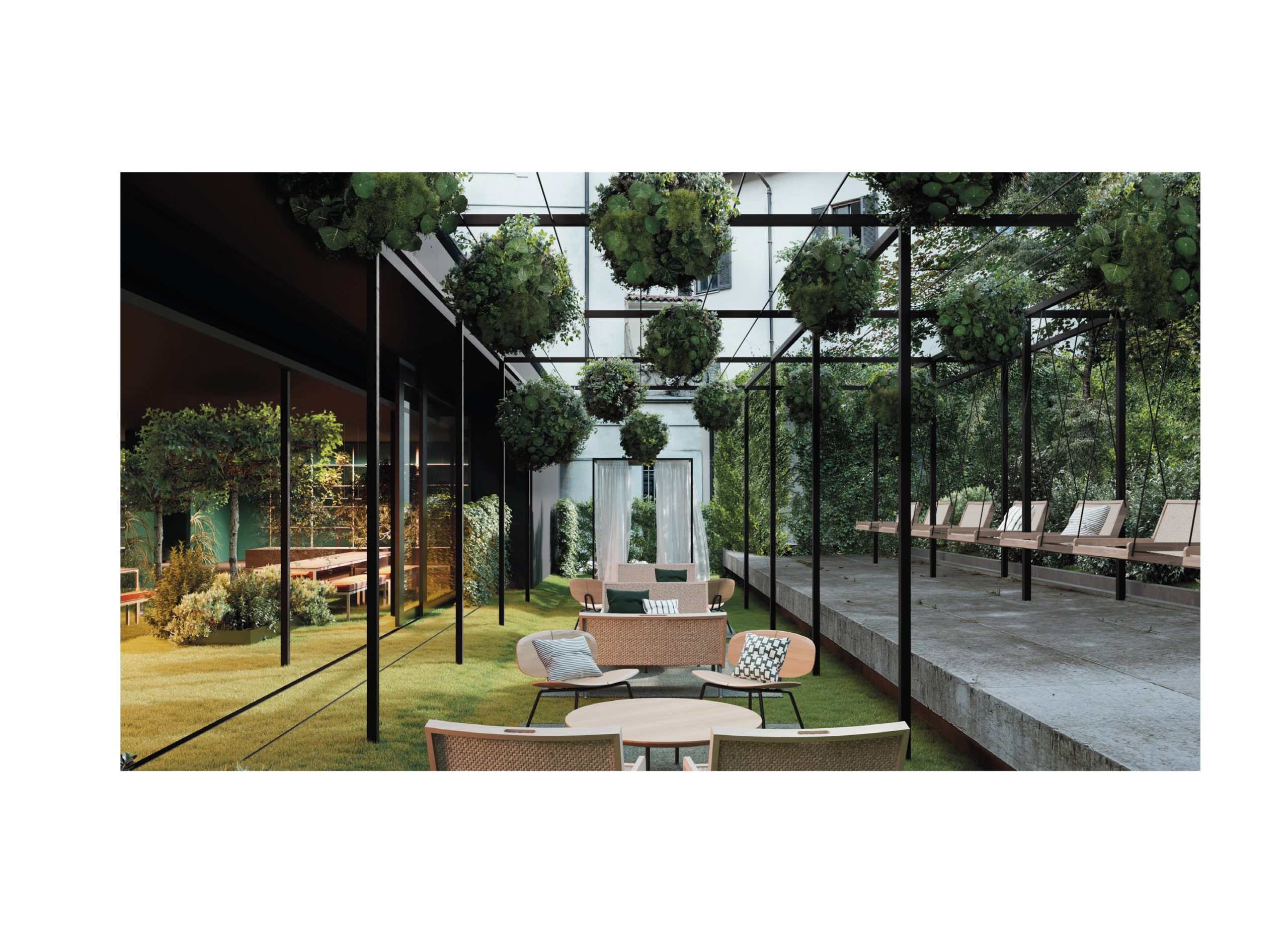 Elle Decor Grand Hotel Design Therapy: courtyard garden under a steel pergola, from the project booklet