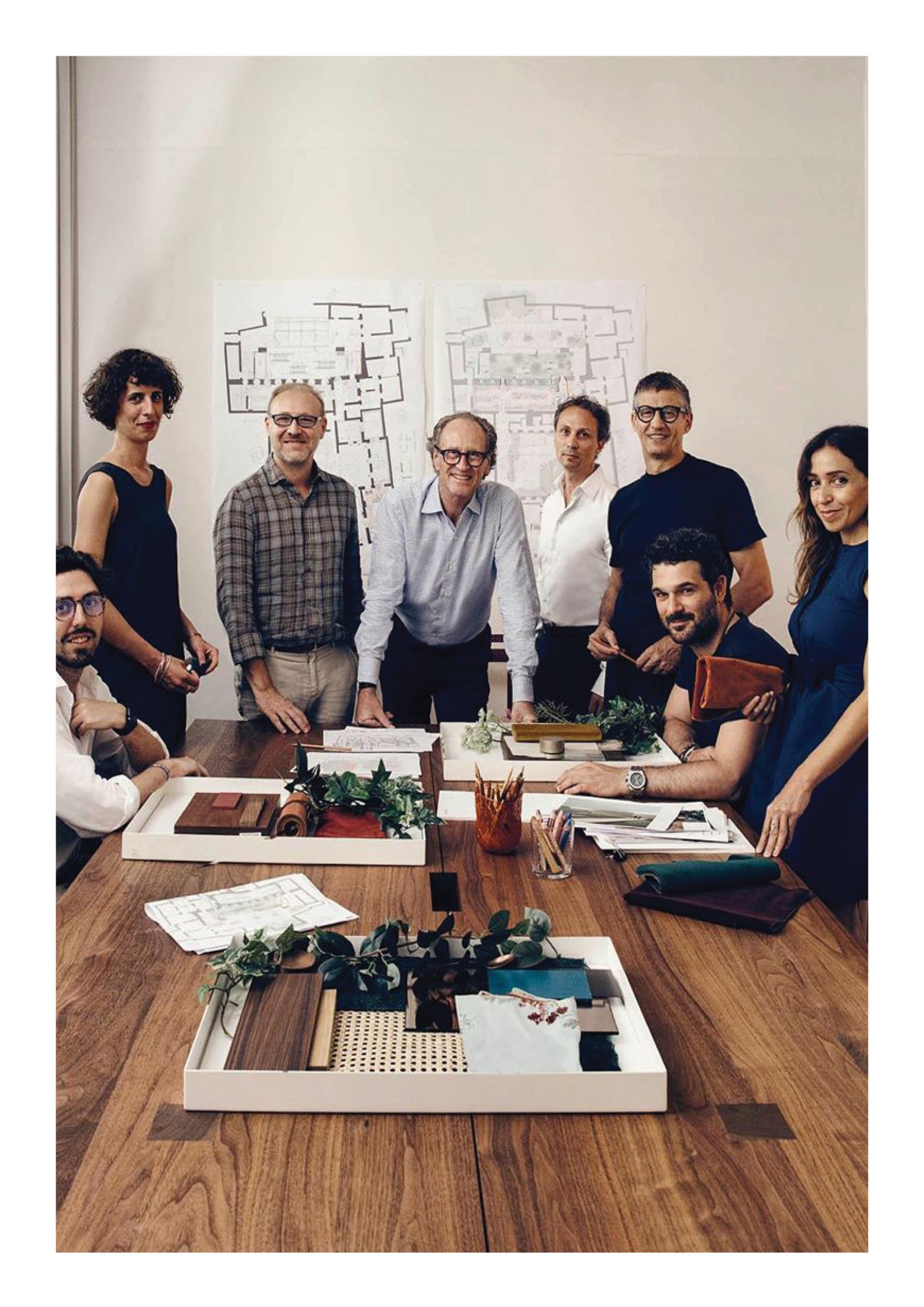 Elle Decor Grand Hotel Design Therapy: the design team around a table of material samples