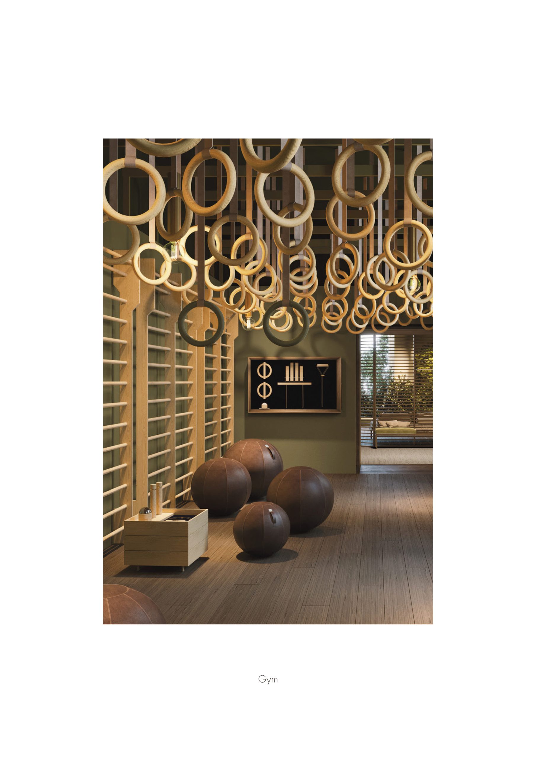 Elle Decor Grand Hotel Design Therapy: gym with hanging wooden rings, from the project booklet