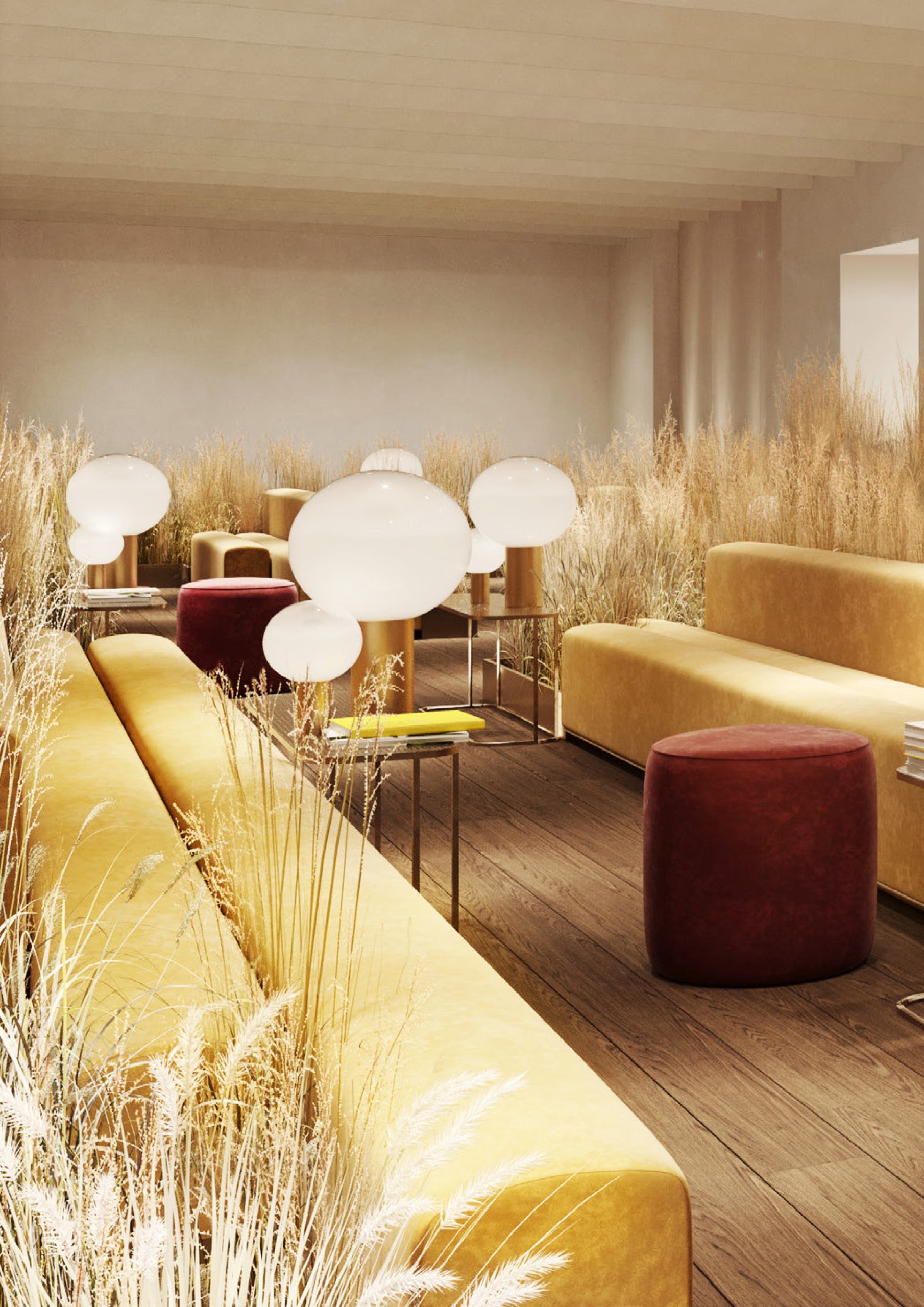 Elle Decor Grand Hotel Design Therapy: lounge with ochre sofas, globe lamps and dried grasses