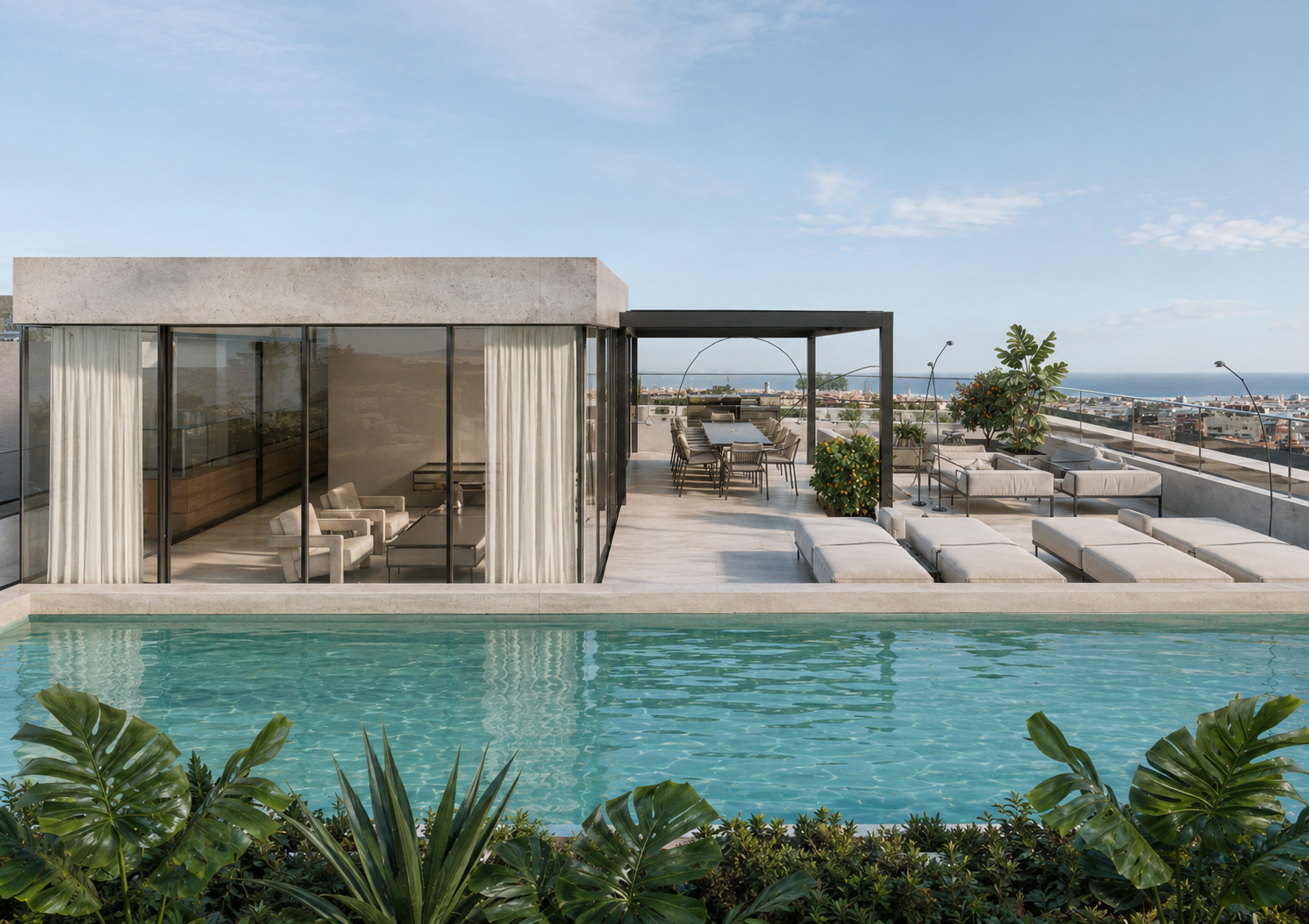 Rooftop pool and terrace of the G&G penthouse in Pescara, interior design by Elena Pelosi.