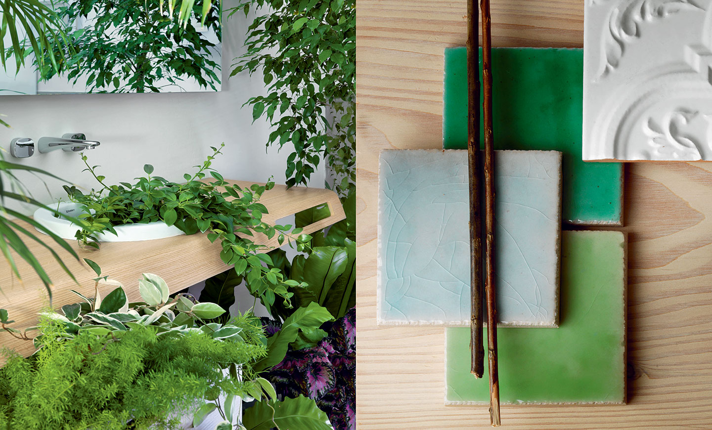 The Index Book, Matteo Thun monograph: plants paired with green glazed tiles and wood