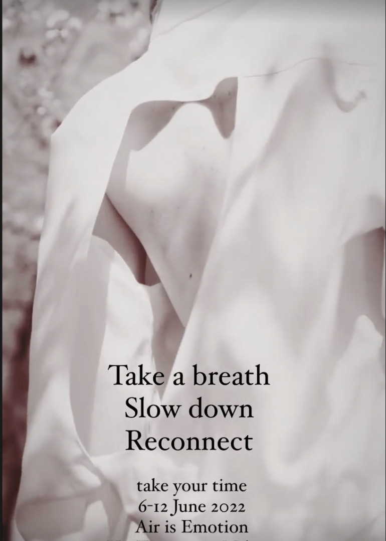 Showroom for Capital Interiors: poster reading 'Take a breath, slow down, reconnect'
