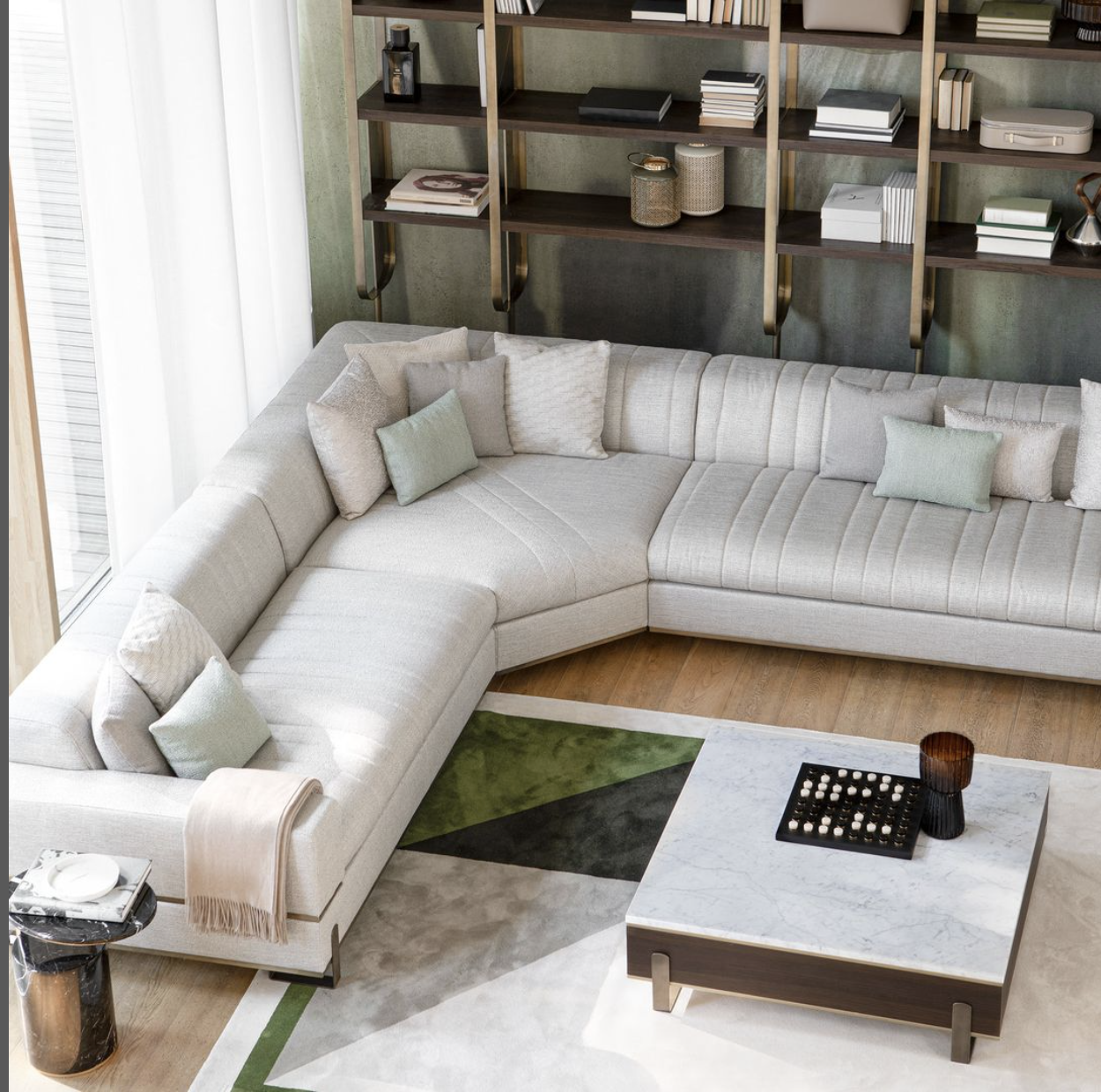 Showroom for Capital Interiors: render of a living room with a large corner sofa and shelving