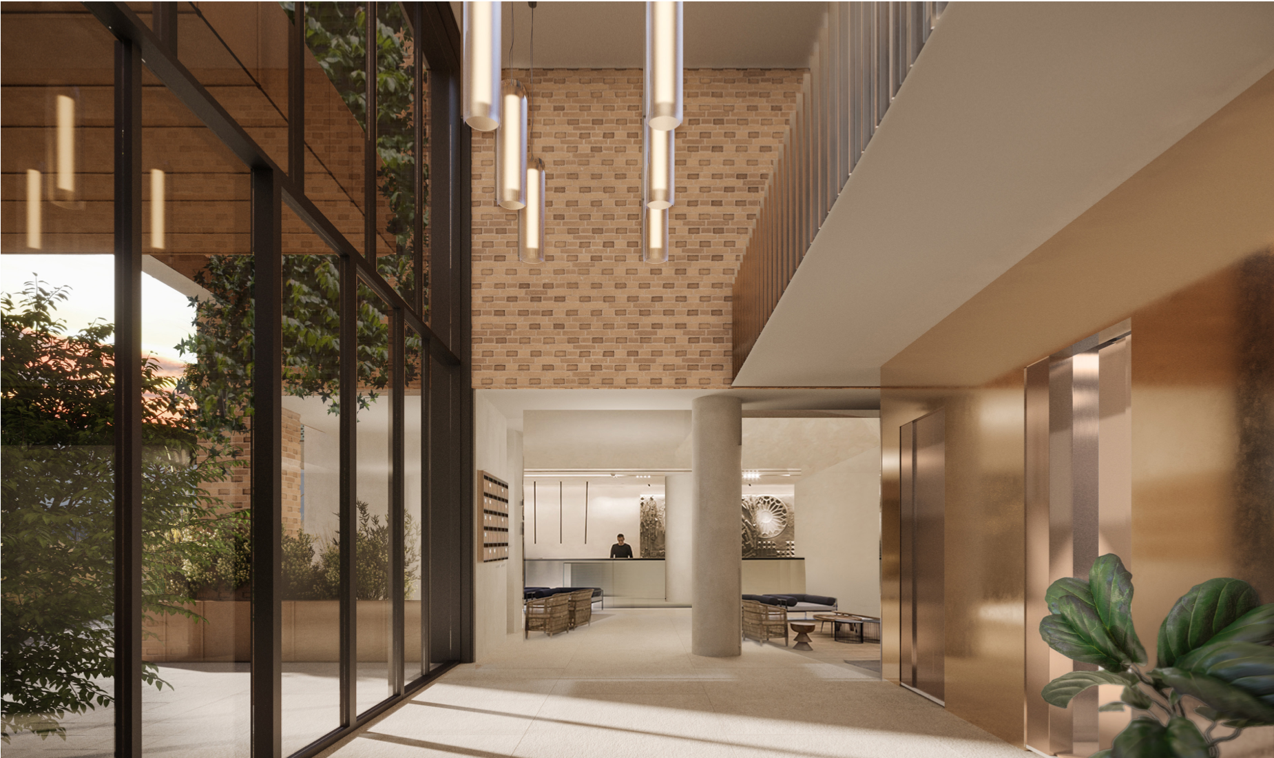 Lobby of the Tjikko building with full-height glazing and pendant lights, architectural rendering.