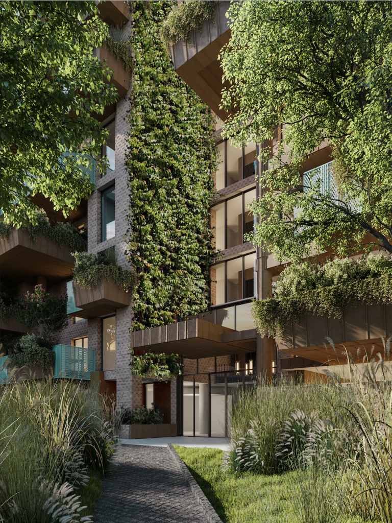 Facade of the Tjikko building covered in vertical gardens and planted terraces, architectural rendering.