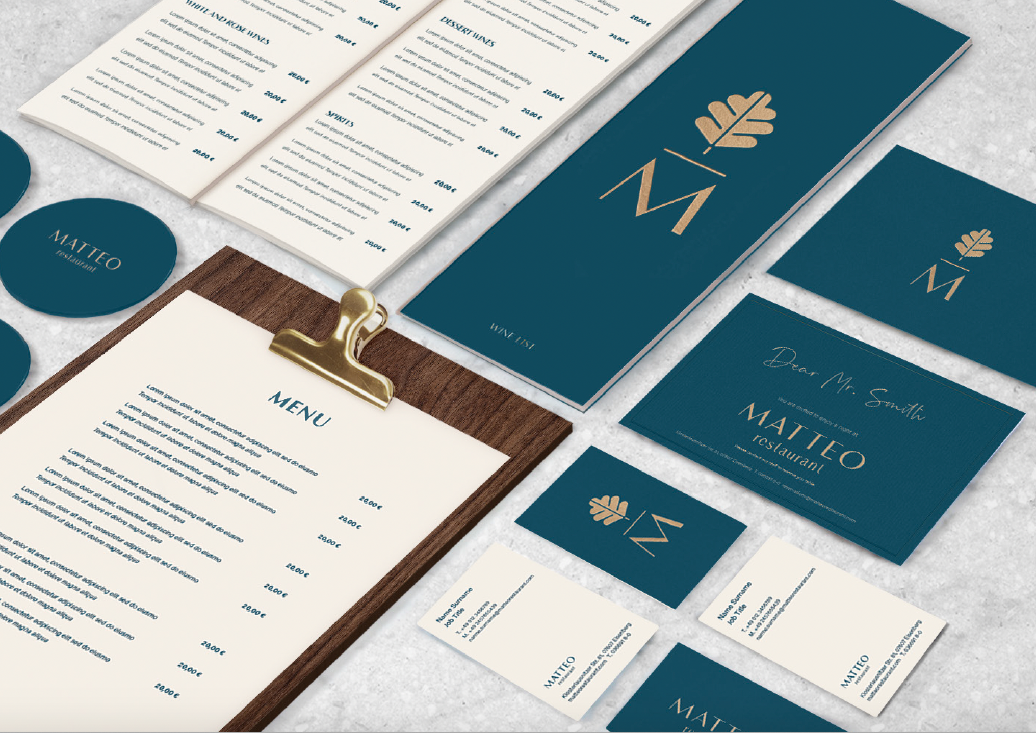 Waldkliniken Eisenberg: restaurant menus and stationery in petrol blue with a gold logo