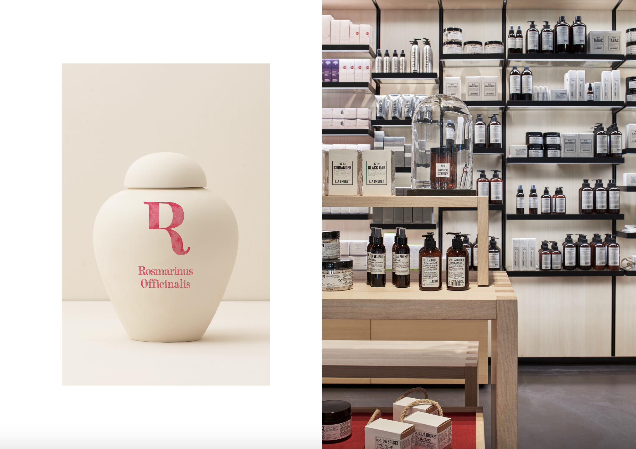 Zur Rose pharmacy: a branded ceramic jar beside black metal shelving and pale wood counters.