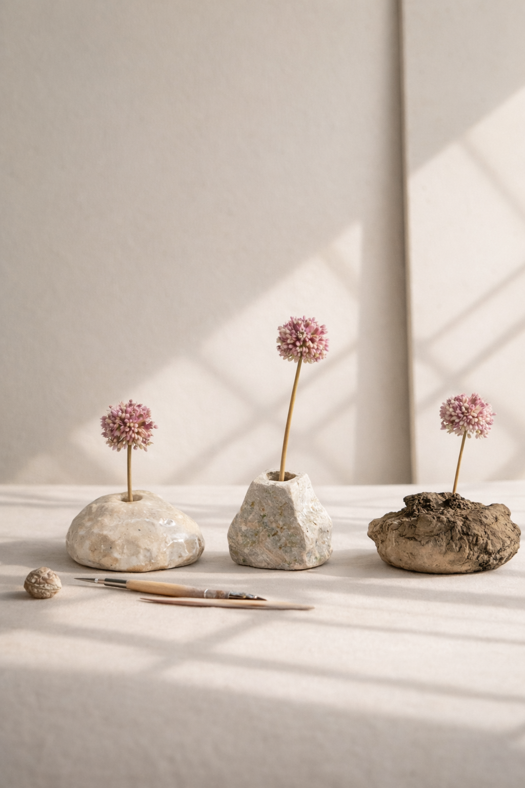 Wildflower Superbloom: three ceramic stones holding allium flowers