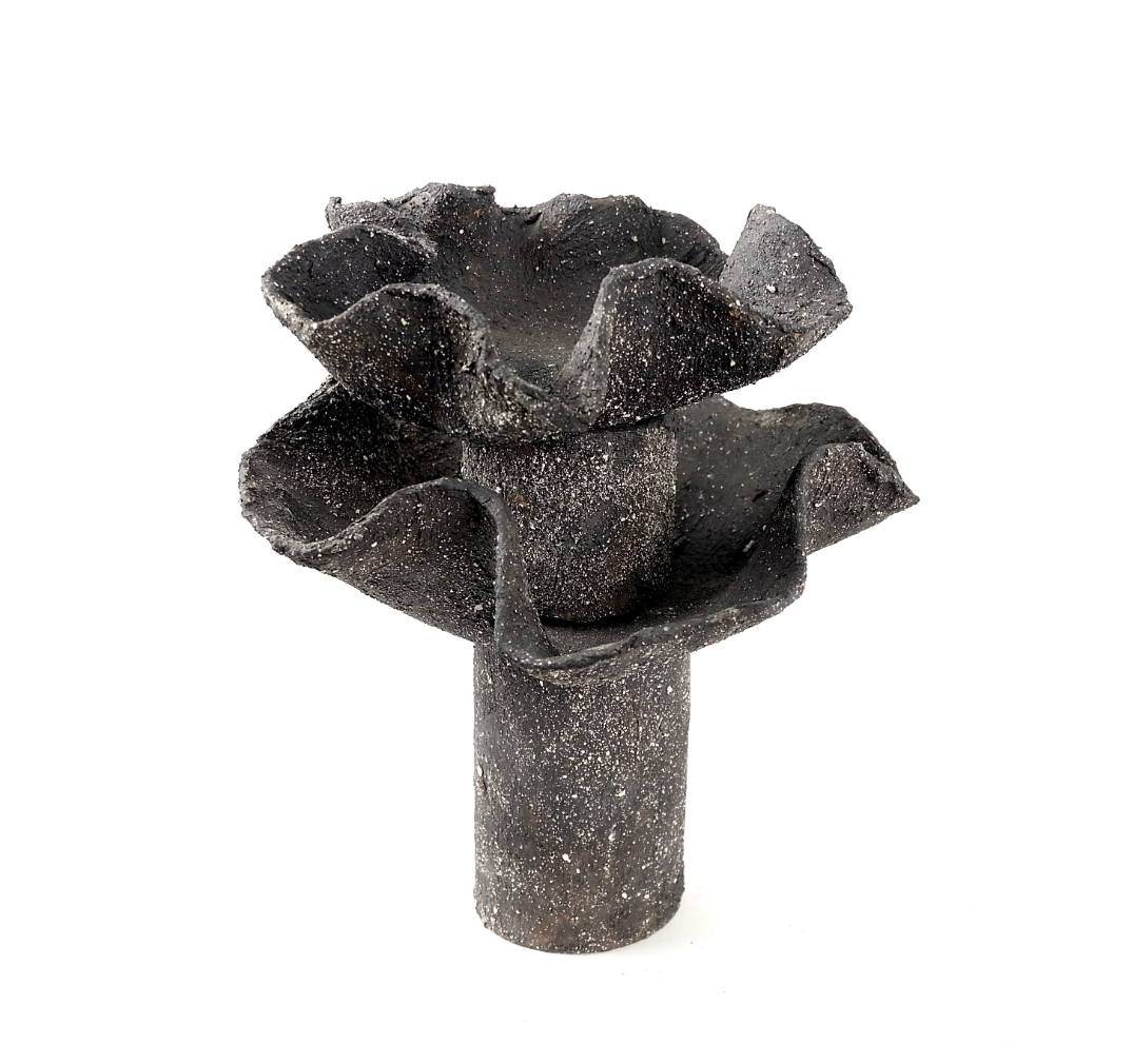 C2 Contemporary Studio Ceramic: dark speckled ceramic with layered wavy rims on a column