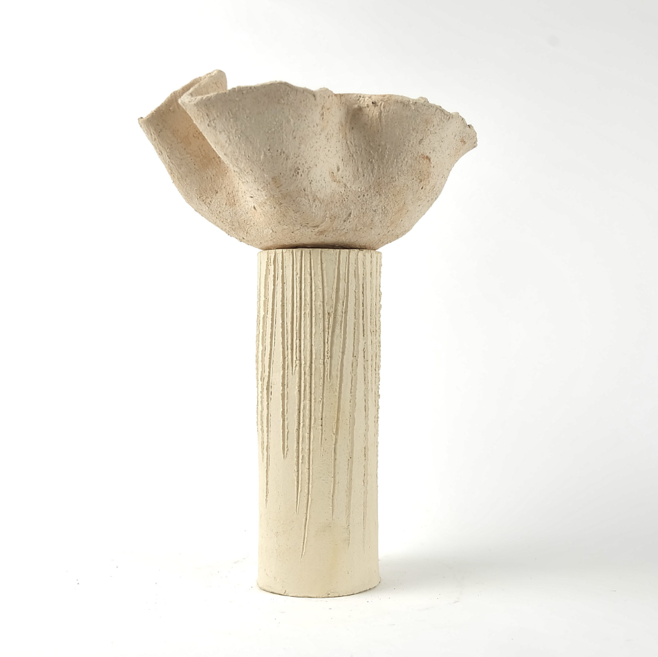 C2 Contemporary Studio Ceramic: wavy-rimmed bowl on a ribbed white ceramic column