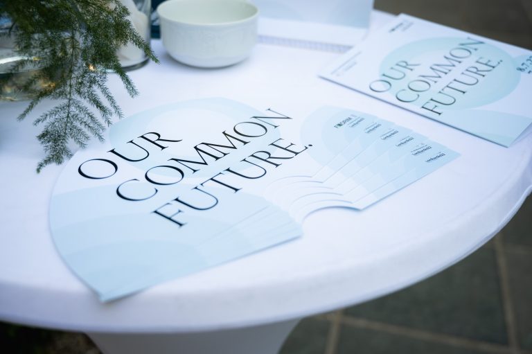 Our Common Future, Guggenheim: printed cards on a white round table