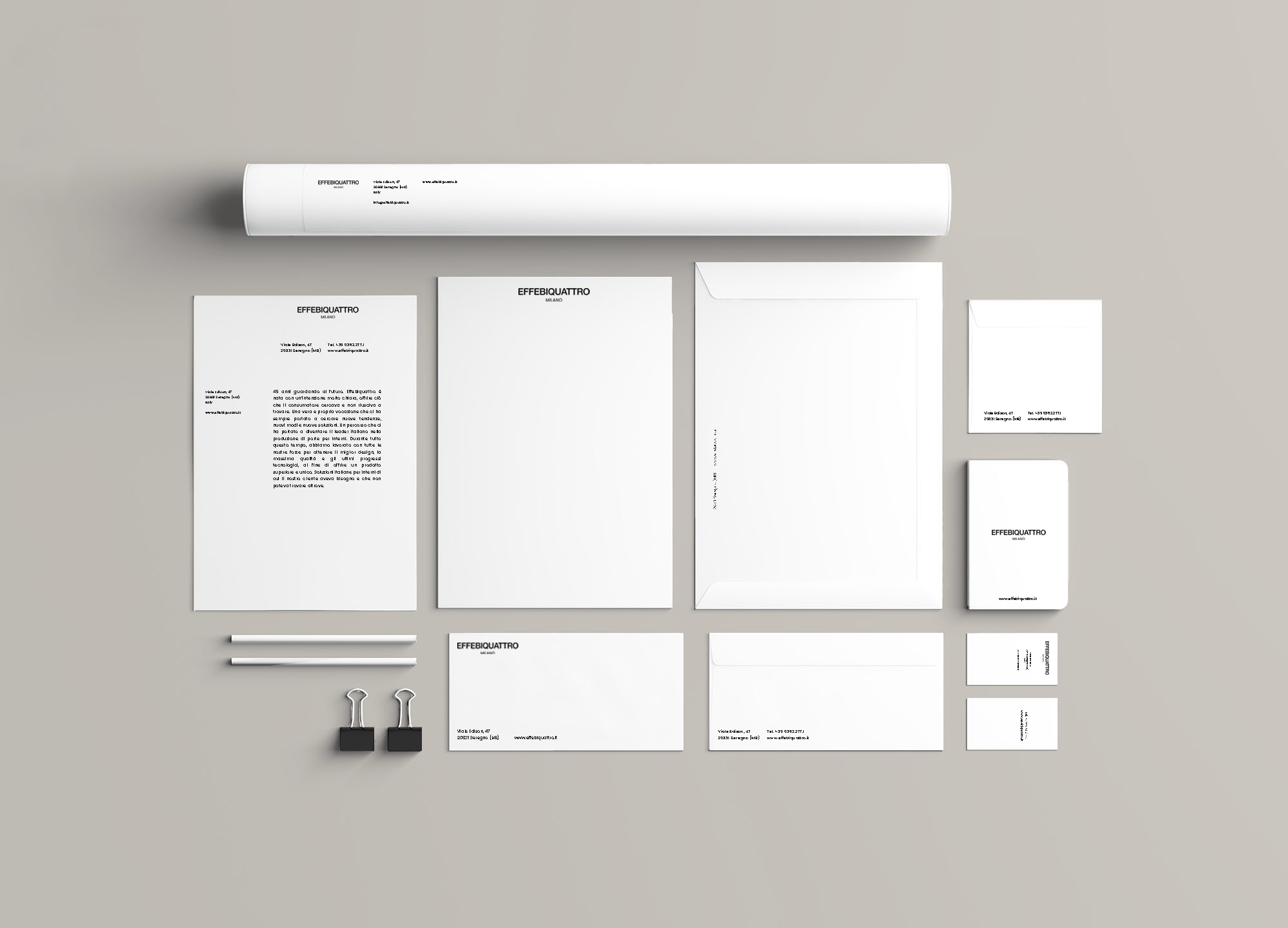 Effebiquattro Milano brand image: stationery set with letterheads, envelopes and business cards