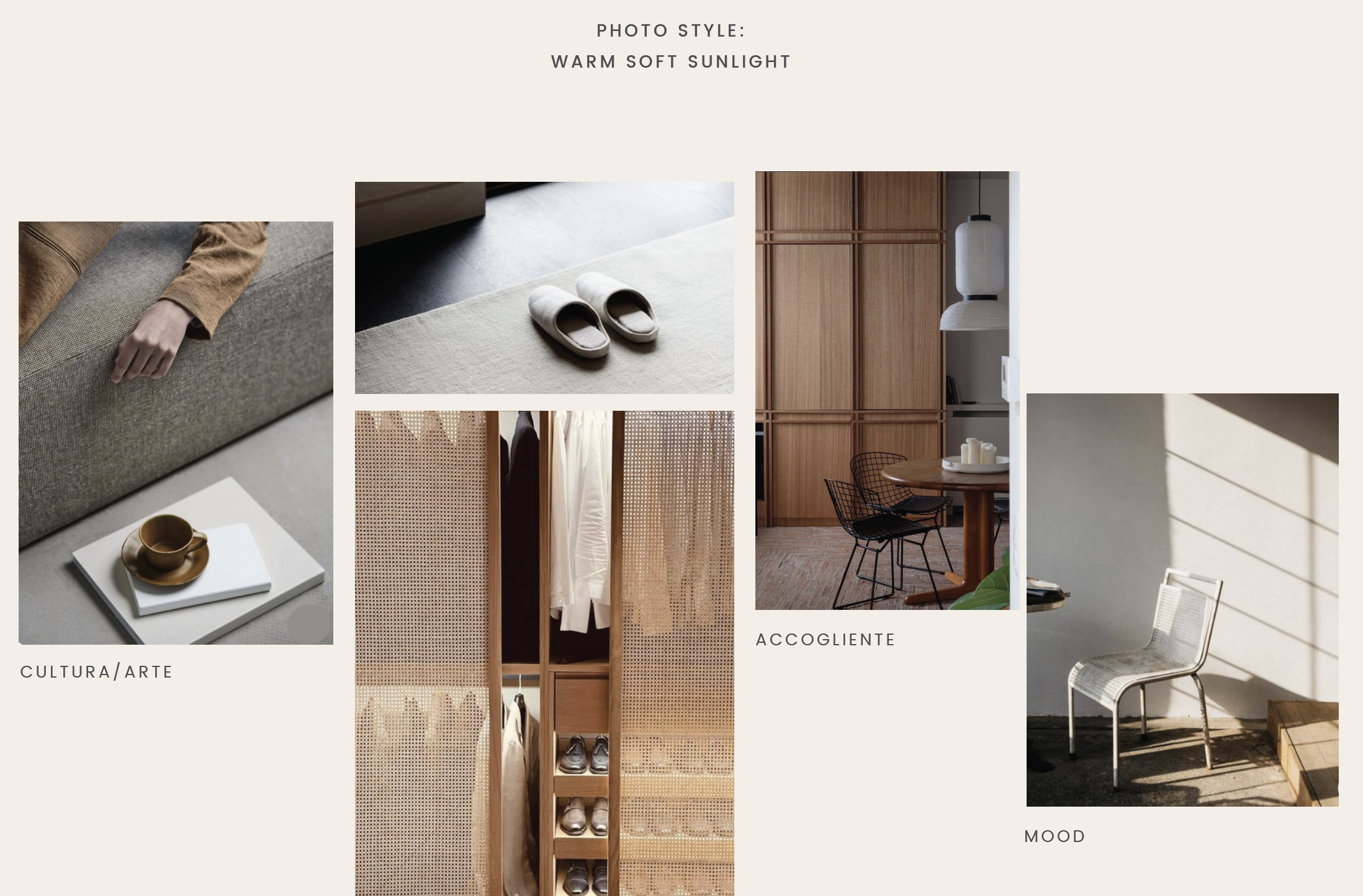 Effebiquattro Milano brand image: mood page of textures, ceramics, doors and seating