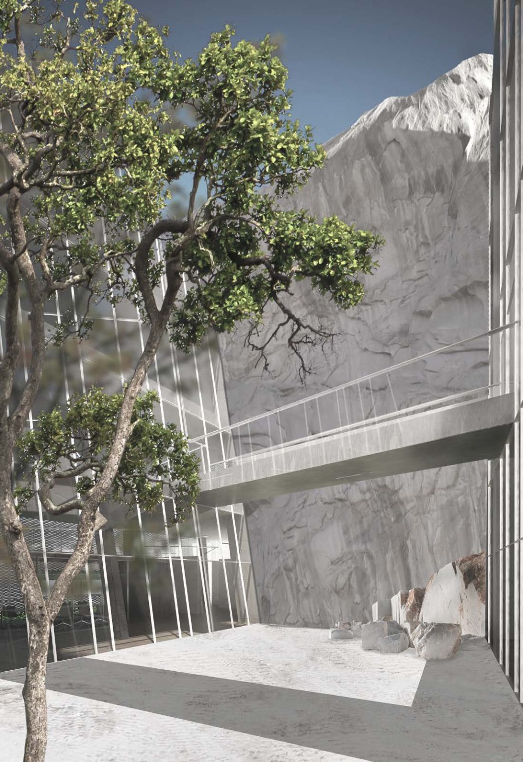 Ricucire le ferite, Carrara 2030: render of a glazed walkway and a tree against the quarry walls