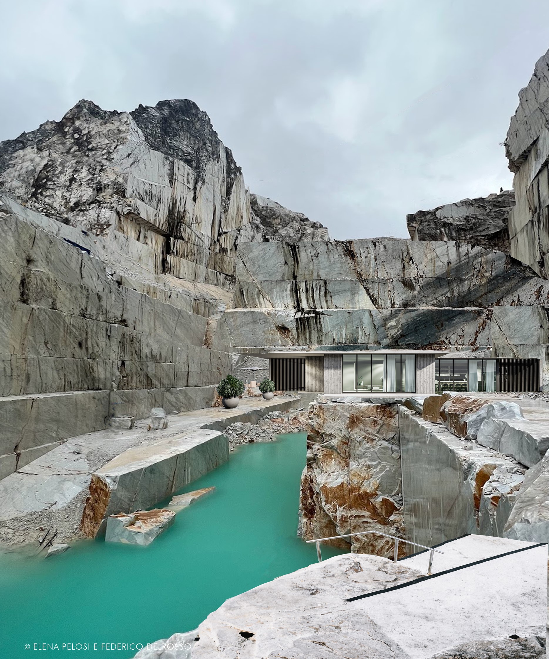 Ricucire le ferite, Carrara 2030: render of a pavilion beside a turquoise pool in a marble quarry