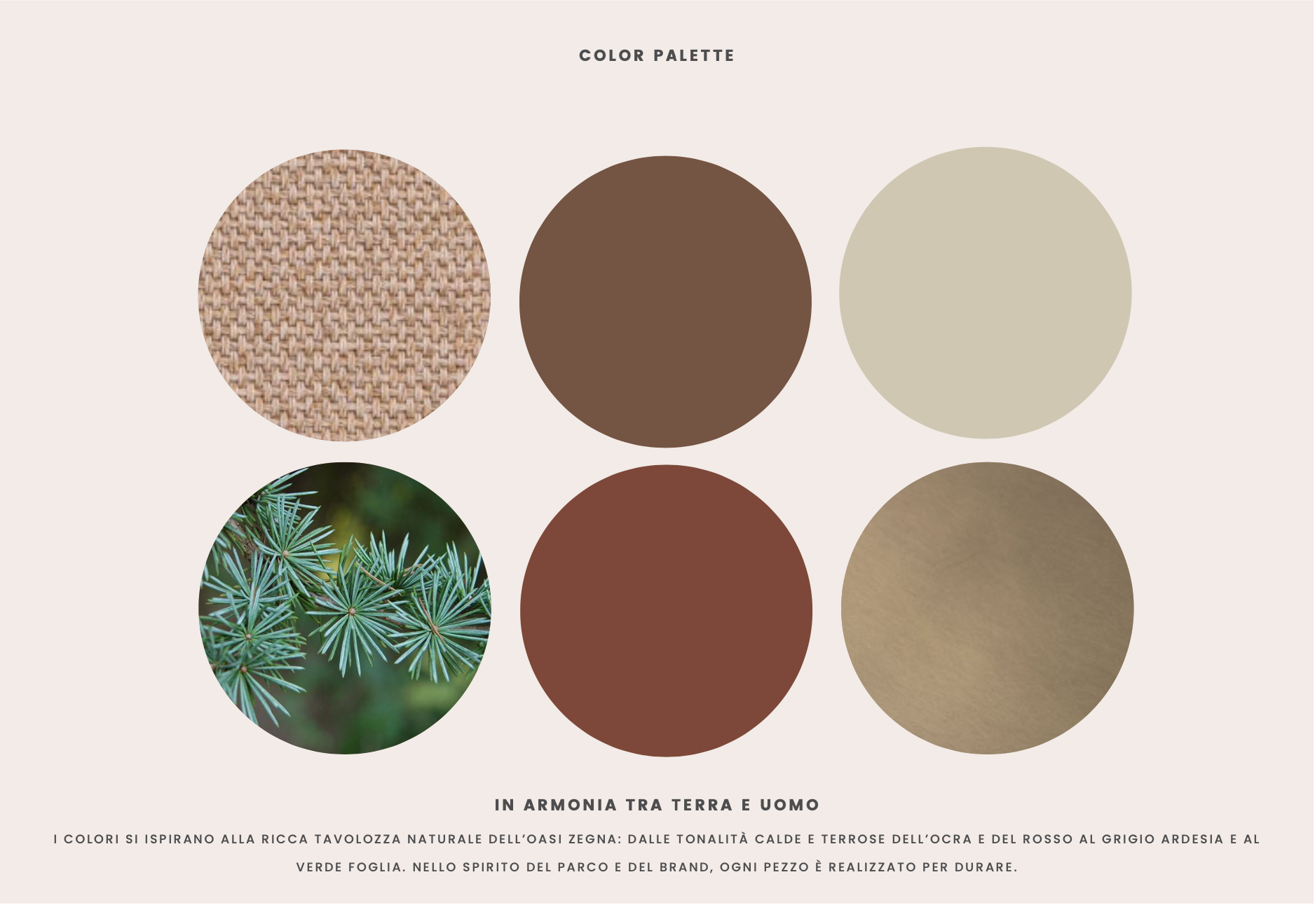 Colour palette for the Sala quadri at Fondazione Zegna: woven fabric, brown, sand, leaf green, terracotta and olive swatches.
