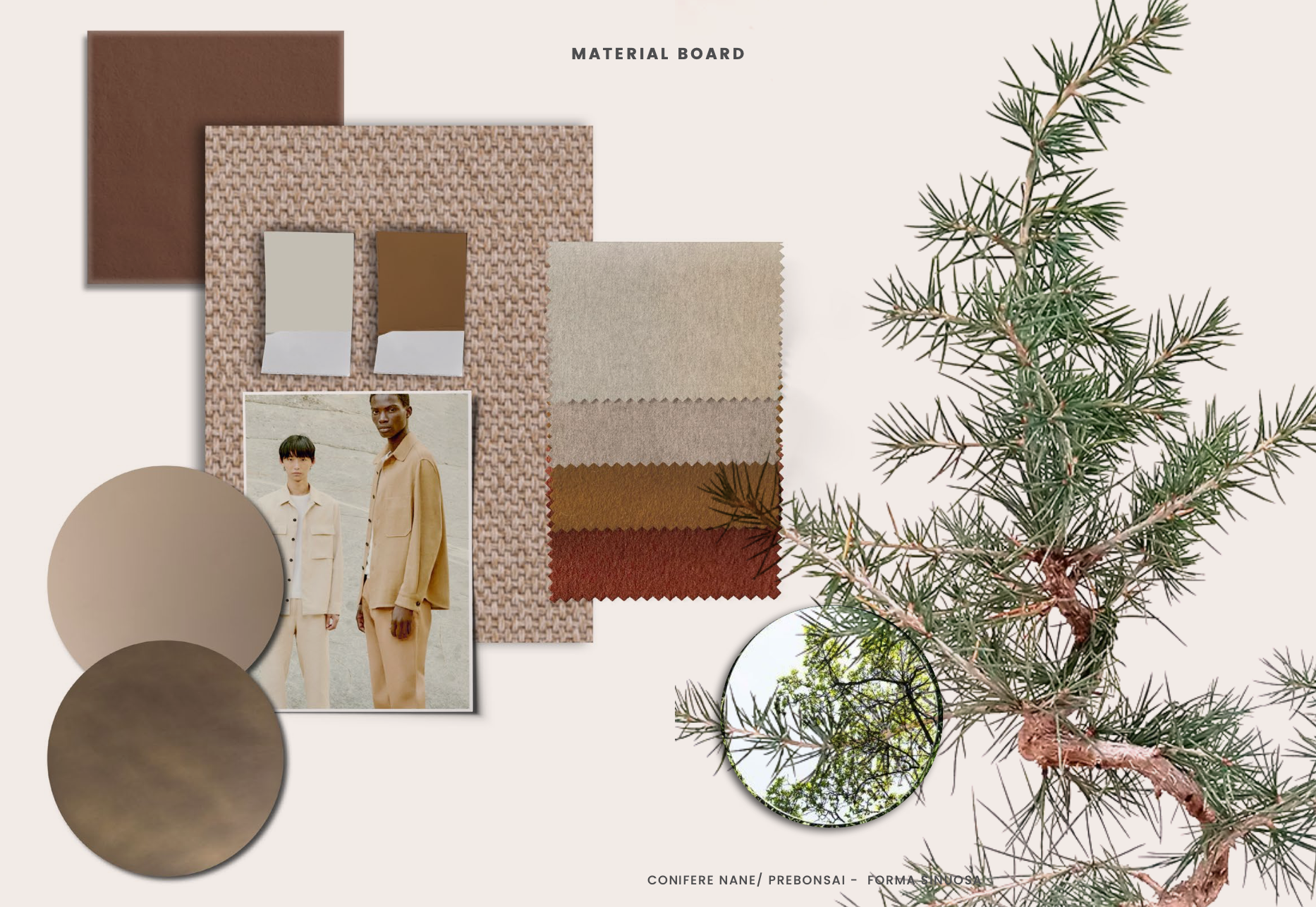 Material board for the Sala quadri at Fondazione Zegna, with textiles, wood samples, a juniper branch and a menswear look.