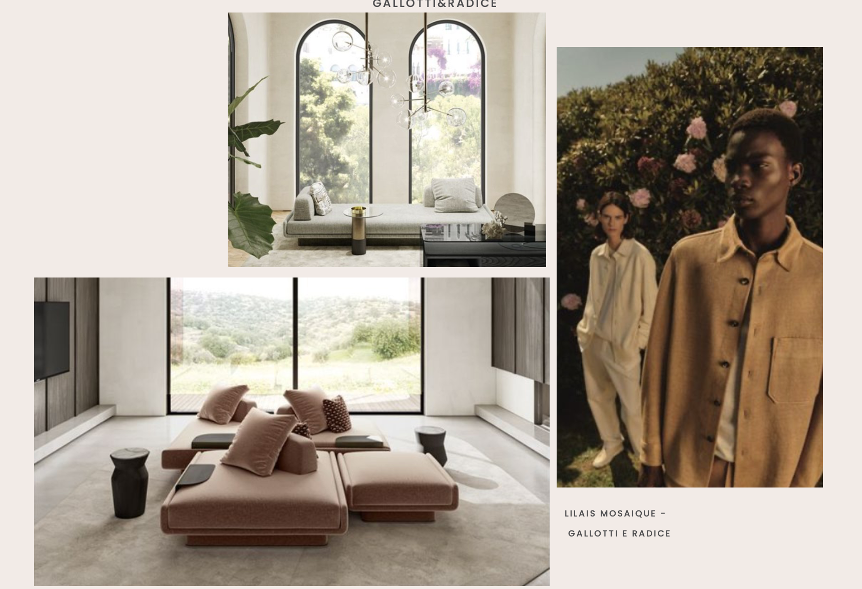 Moodboard for the Sala quadri at Fondazione Zegna, with low modular sofas, arched interiors and menswear references.