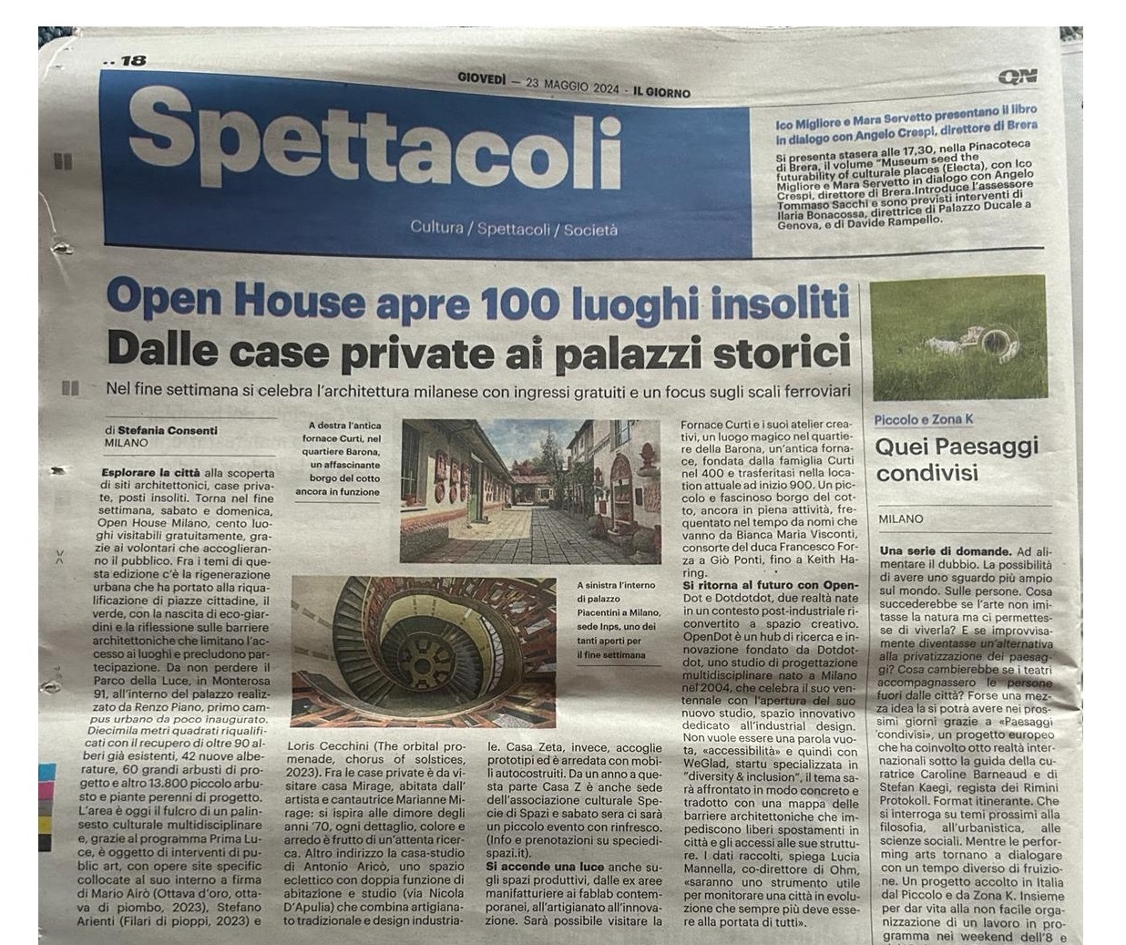 Il Giorno: Open House opens 100 unusual places, newspaper page