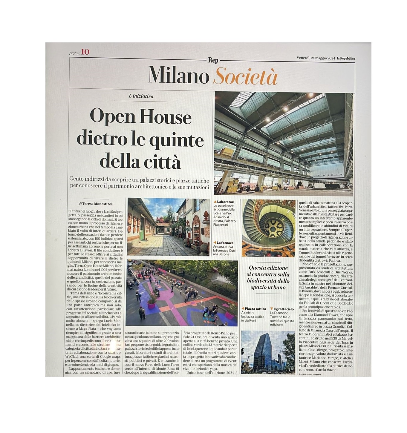La Repubblica: Open House, behind the scenes of the city, newspaper page