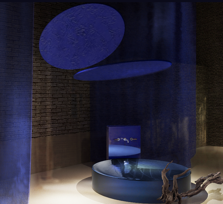 Elena Pelosi Studio: installazione illuminata di blu con dischi sospesi e una vasca rotonda