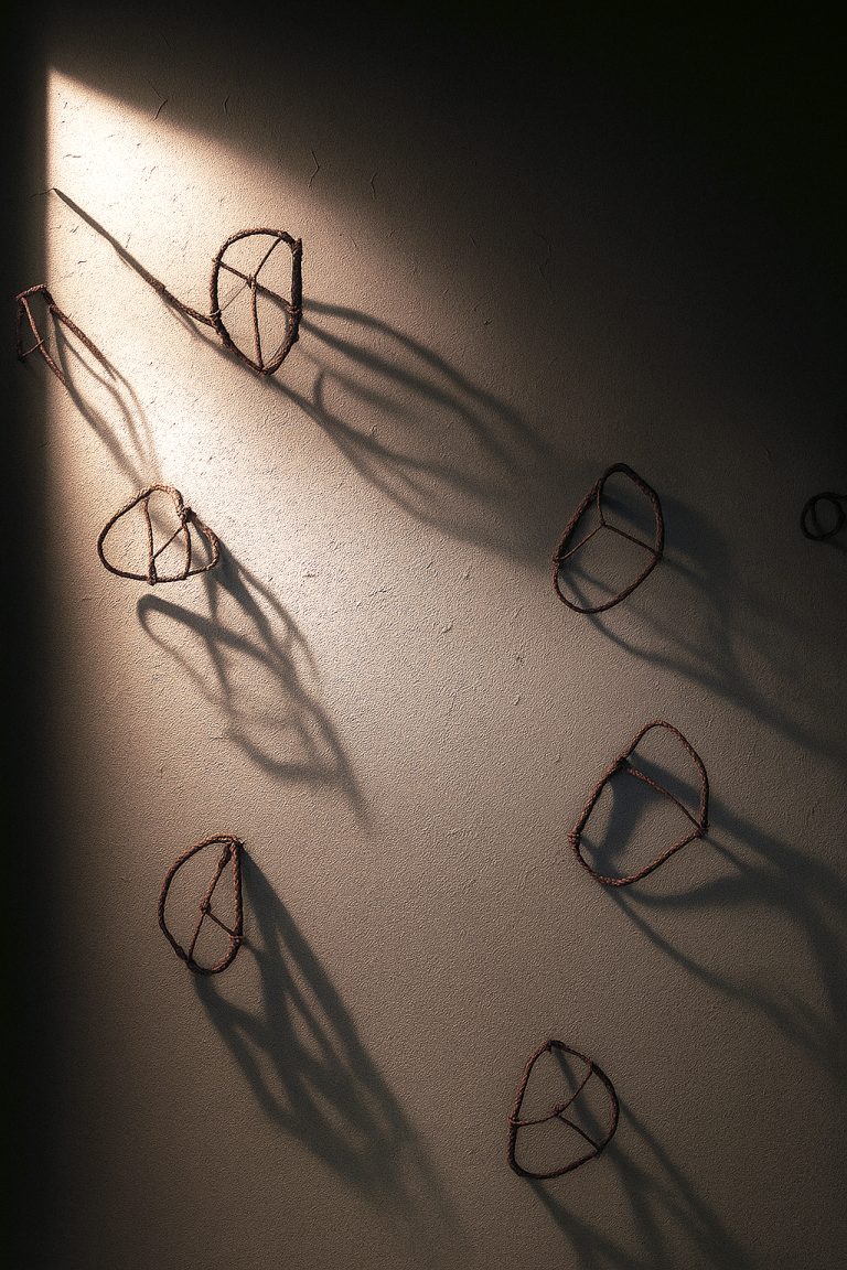 Axis Mundi: twig loops mounted on a wall casting long shadows