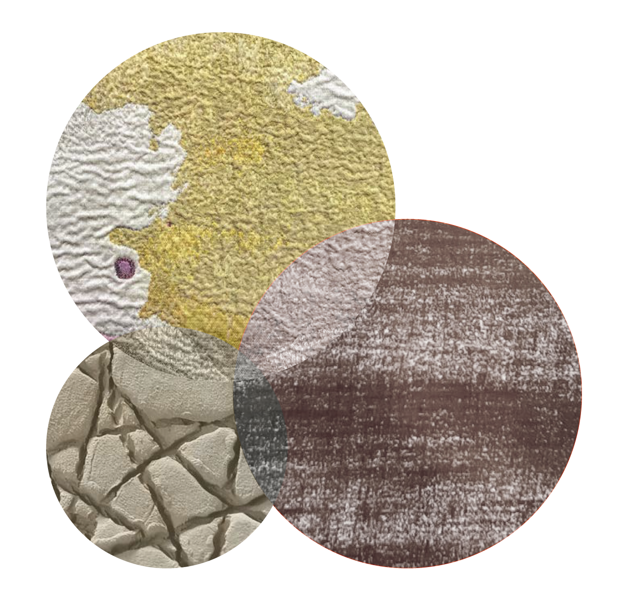 Three circular wallpaper swatches in gold, brown and textured neutral, Wallpapers for Baboon.