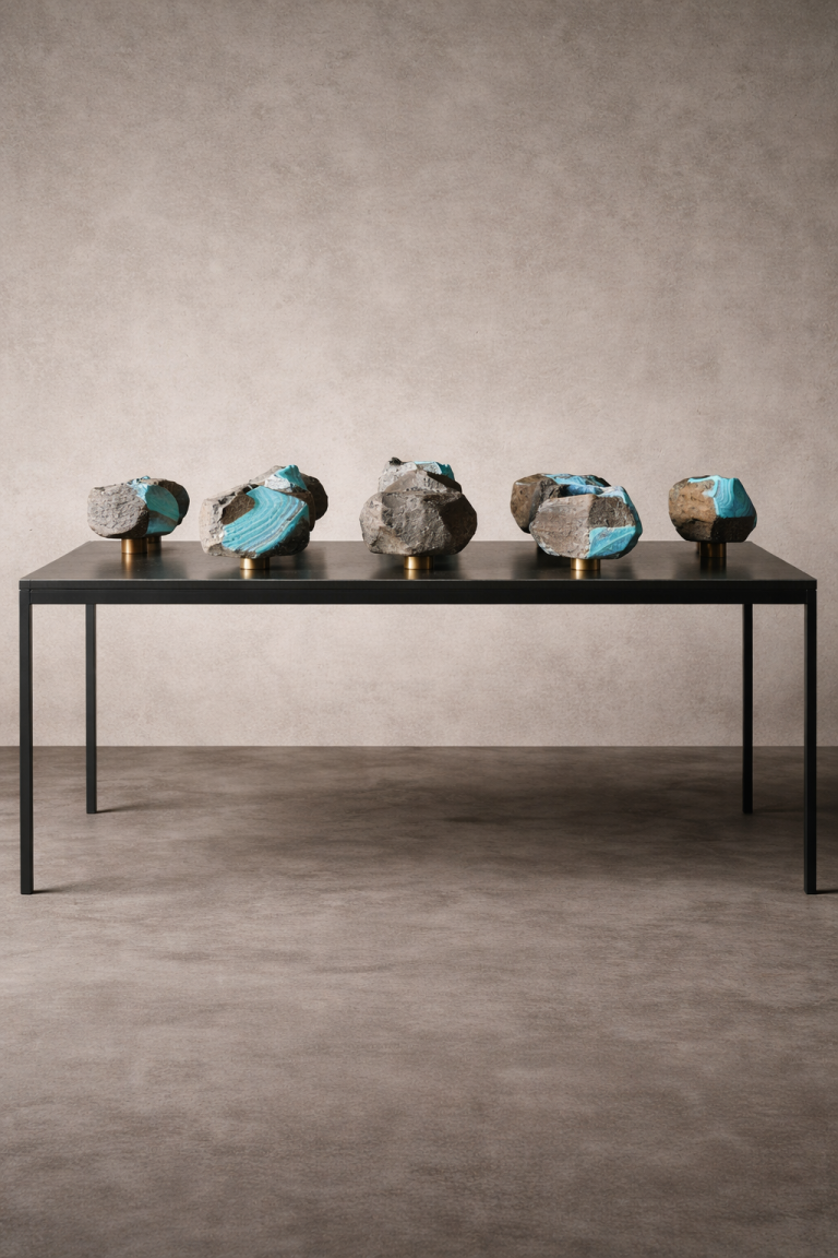Portal of Memory: five ceramic stones on a black steel table