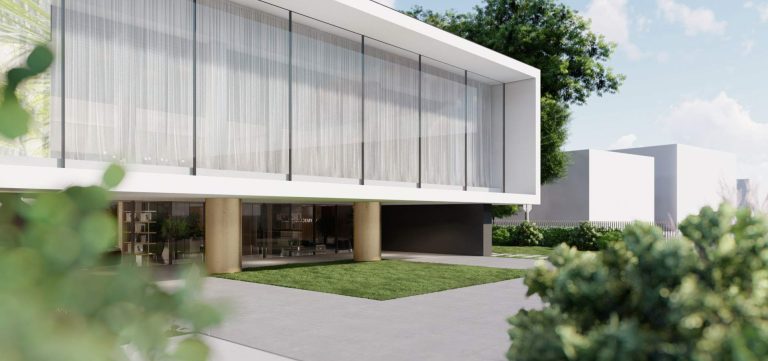 Atmosphera headquarters: render of the building with a white louvred upper volume