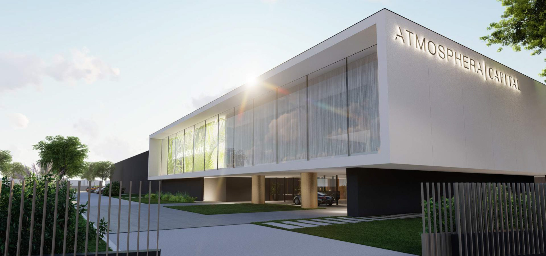 Atmosphera headquarters: render of the white headquarters building with the Atmosphera sign