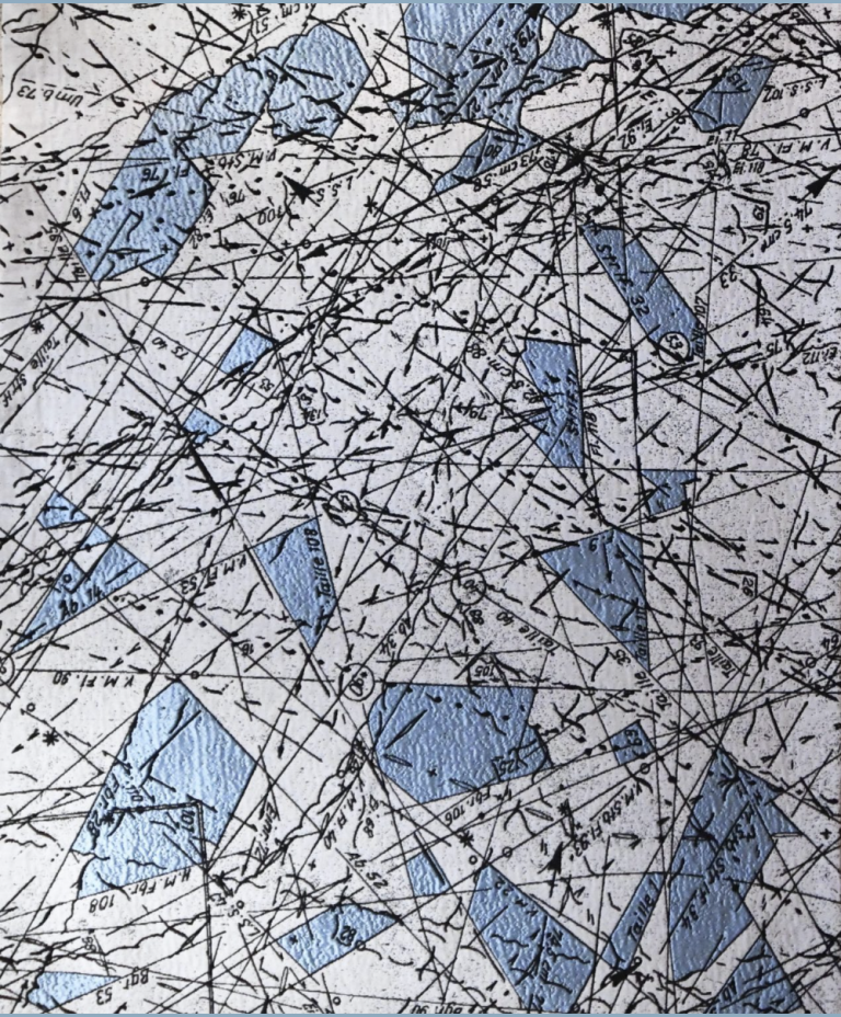 Graphic pattern of black lines and blue fragments designed for the Imaginarium 2024 exhibition.