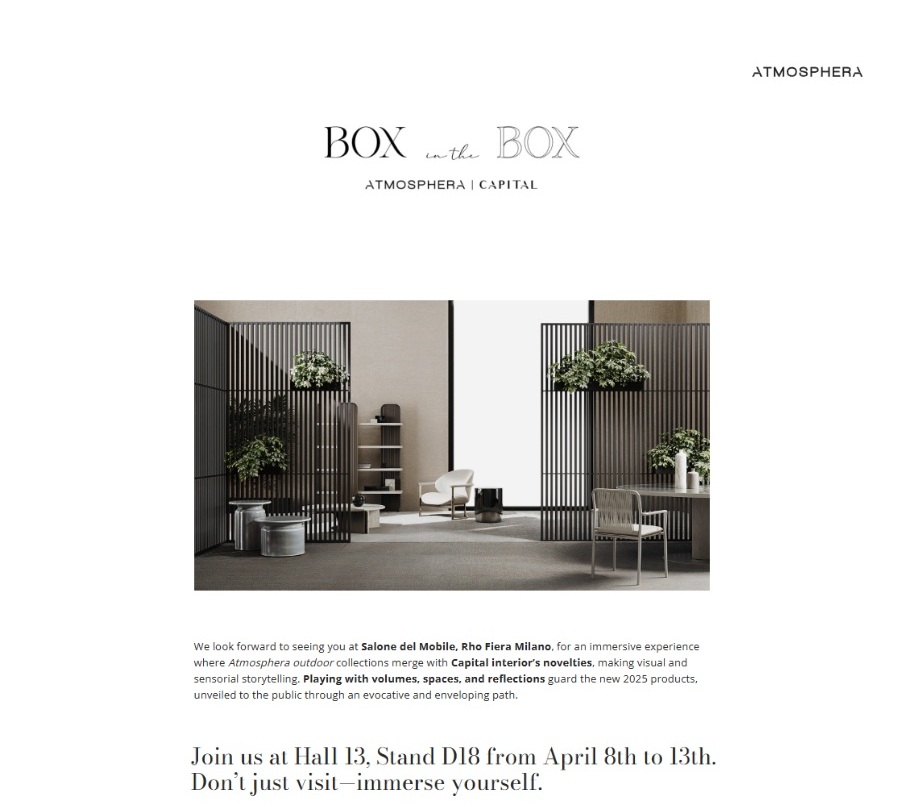Atmosphera Italy: Box in the Box booth at Salone del Mobile 2025
