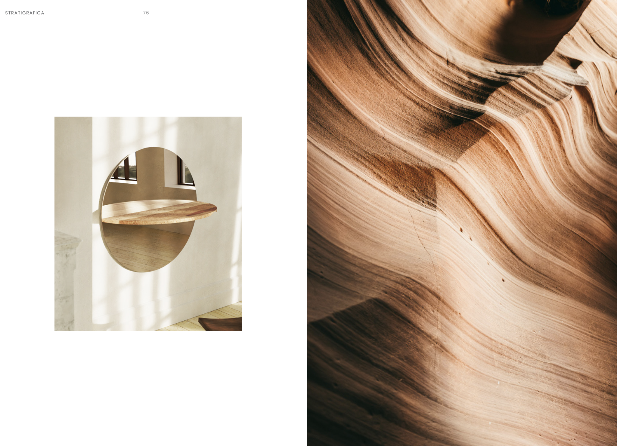 Stratigrafica collection: catalogue page pairing the mirror with sandstone strata